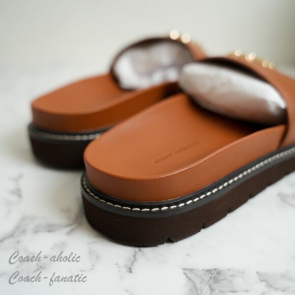 NIB Tory Burch Everly Anatomic Lug Nappa Leather Slide Sandal in Bourbon/Coconut - Picture 6 of 11